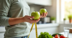 Pessoa segurando uma maçã em uma mão e uma fita métrica na outra, representando controle alimentar e peso saudável