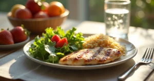 Mesa com prato colorido contendo salada, proteínas magras e grãos integrais acompanhado de frutas e copo de água