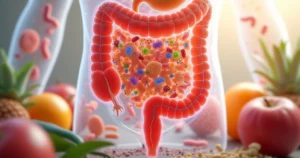 Ilustração detalhada do sistema digestivo com destaque para a microbiota intestinal saudável, mostrando bactérias positivas em cores vibrantes e intestino em fundo claro